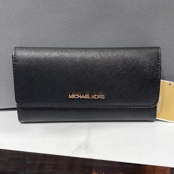 MICHAEL KORS JET SET TRAVEL LARGE TRIFOLD WALLET BLACK COLOR - Picture 1 of 16